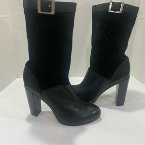 RACHEL ZOE size 11 mid calf height black leather and suede boot buckle detail